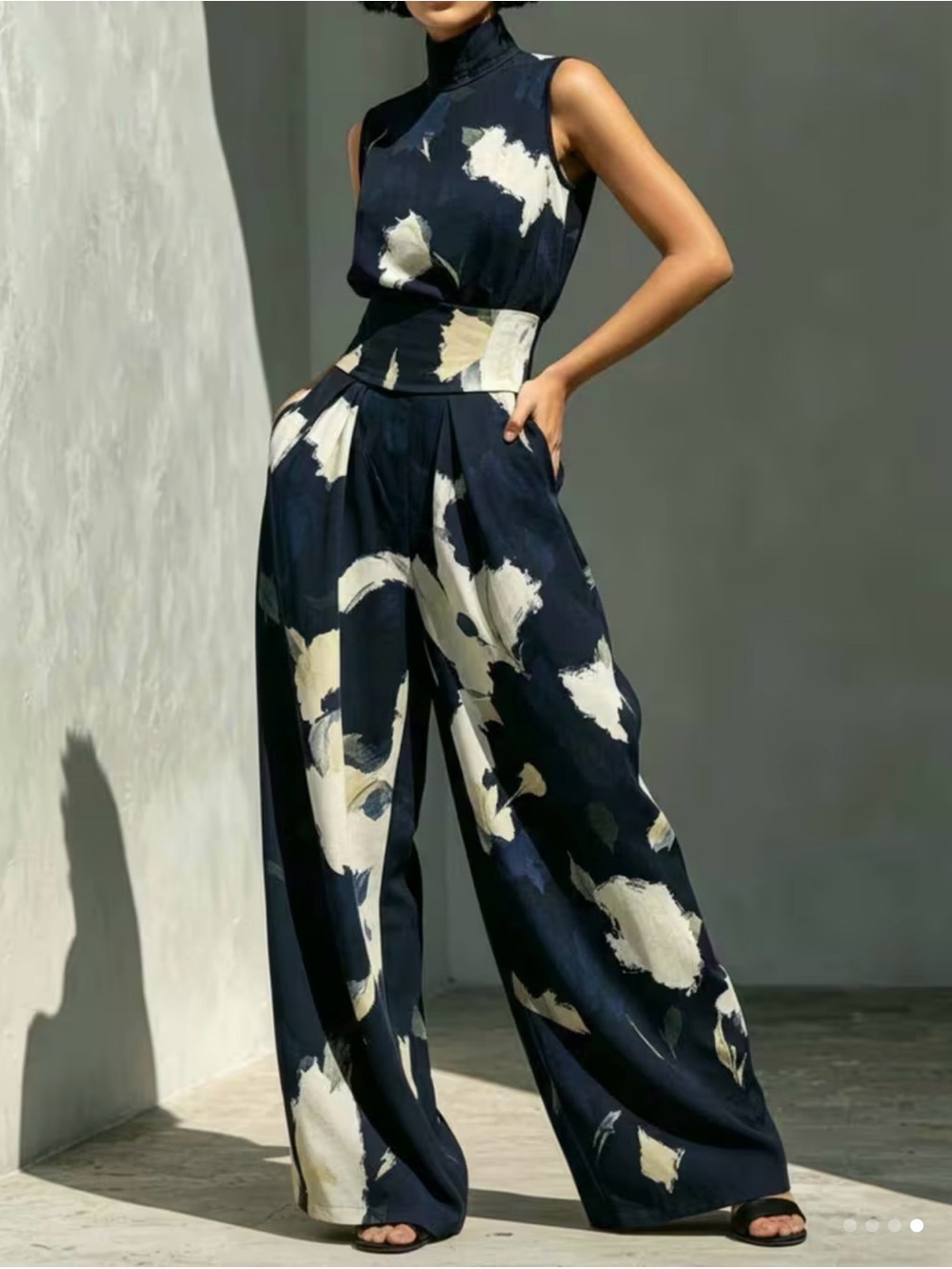 Floral Wide-Leg Jumpsuit in Navy and Cream - Picture 3 of 5